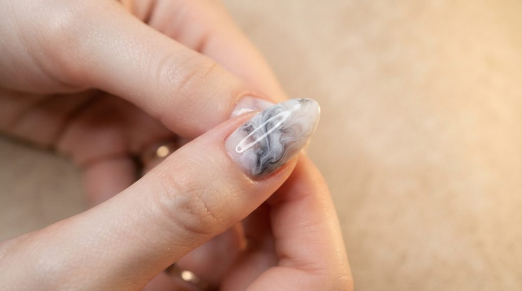 Close-up of wet white polish blooming into smoke wisps on a black gel nail tip.