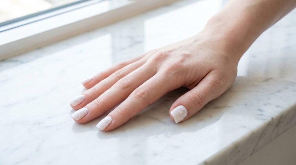 Short square nails with simple white spiderweb gel art on a white skinned female hand.