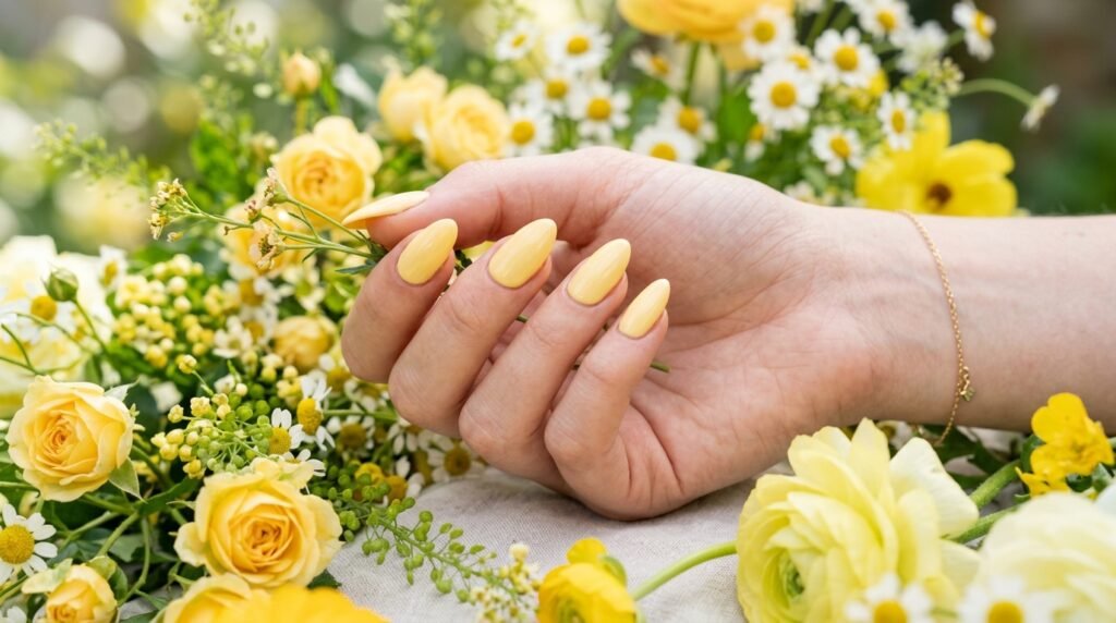 Hand with fair skin holding yellow flowers, displaying glossy butter yellow almond nails.