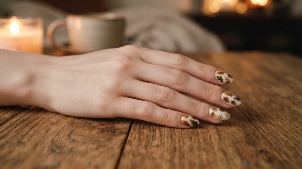 Five fingers displayed flat on light skin showing detailed maple leaf nail art on the index finger.