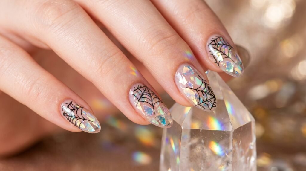 Iridescent cracked glass foil nails with black spiderweb line art on smooth white female hand.