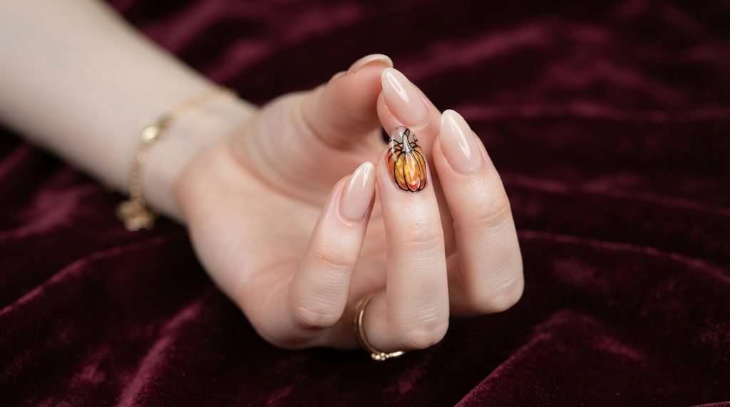 Close-up photograph of an 18-year-old female hand with very white skin displaying a subtle stained glass pumpkin accent nail over a burgundy velvet background.