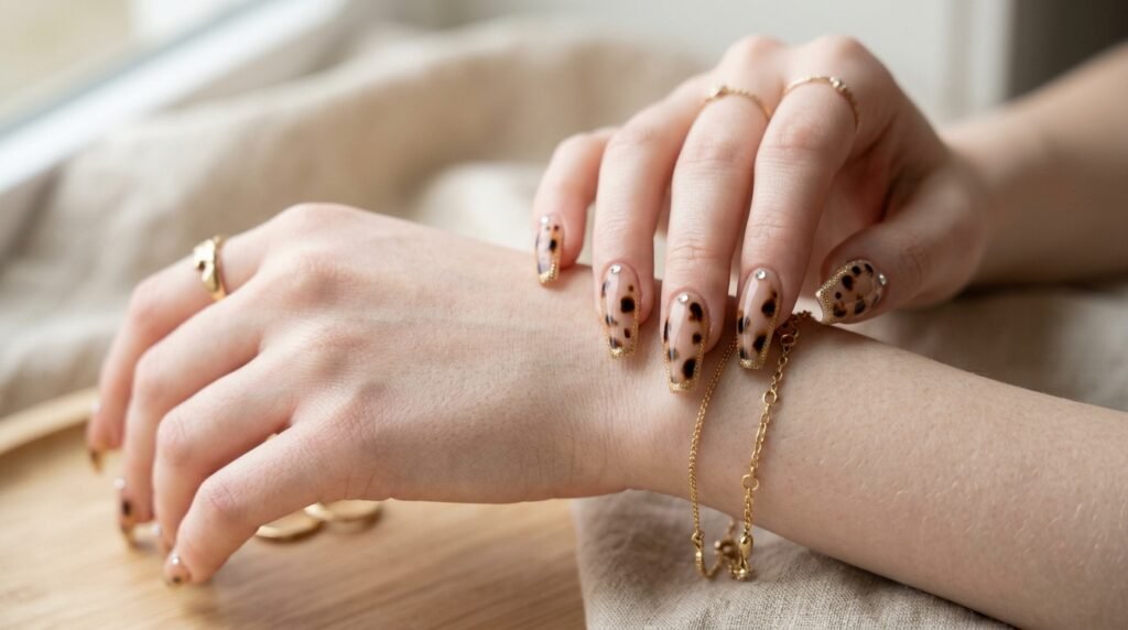 Nude and gold leopard print coffin nails with a clear rhinestone on a white-skinned hand.