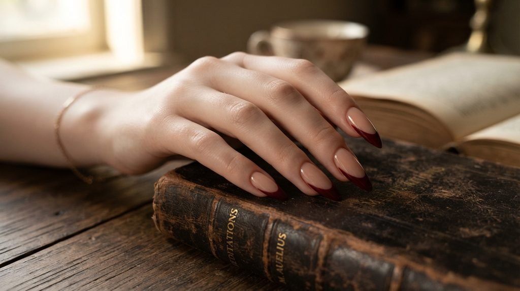 A detailed photograph of long almond nails with deep red, pointed cathedral-style French tips.