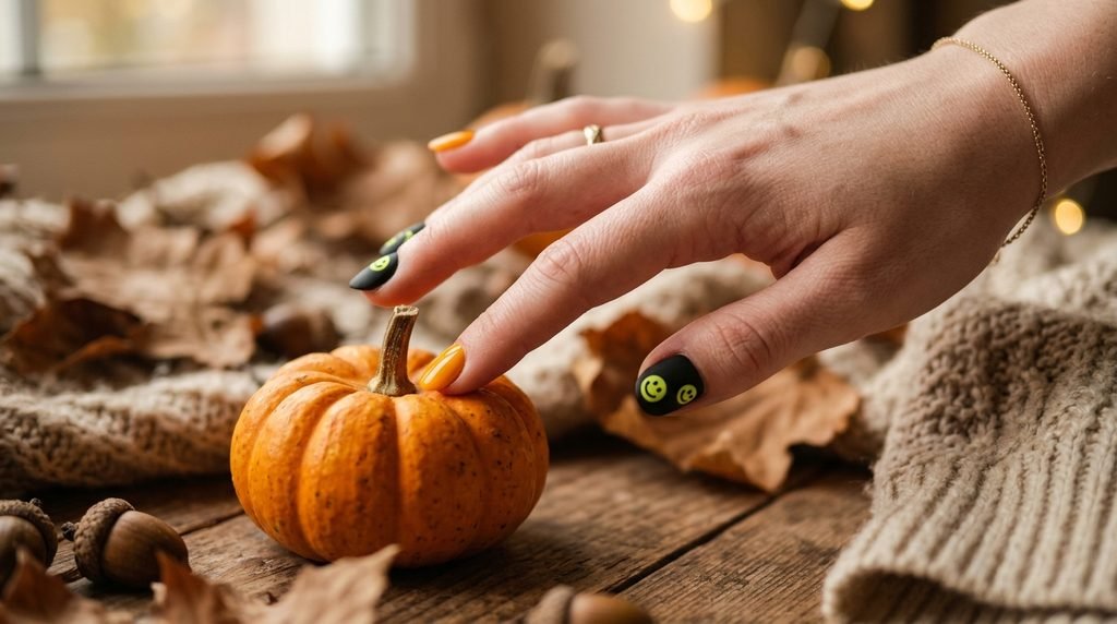 Woman hand with white skin displaying orange and black nails decorated with yellow smiley faces.