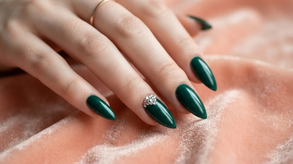 Fair skin female hand age eighteen featuring dark green stiletto nails with clear crystal clusters near the cuticle over peach velvet.