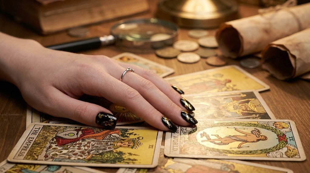Female hand with black and gold tarot nails resting on an open tarot deck, showing specific cards, against a blurred rustic background.