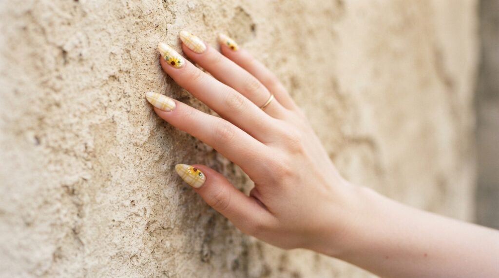 Long almond nails displaying yellow plaid crosshatch lines and corner sunflowers over matte cobalt blue.