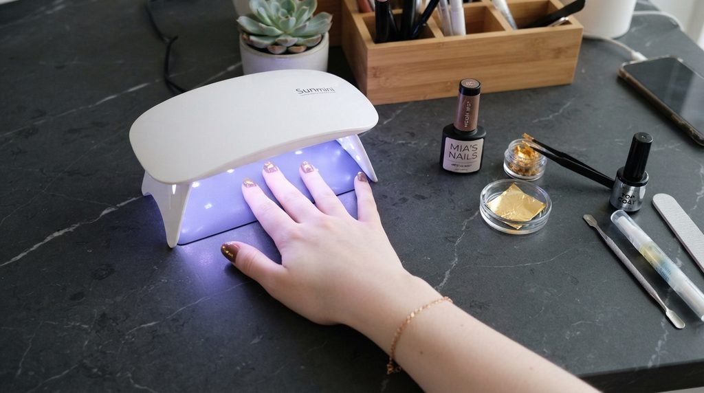 DIY gel nail kit with mocha polish and gold leaf sheets on a dark desk with white hands.
