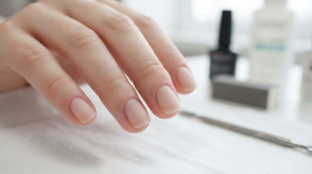 Manicured female hand showing prepared natural nail plates prior to polish application.