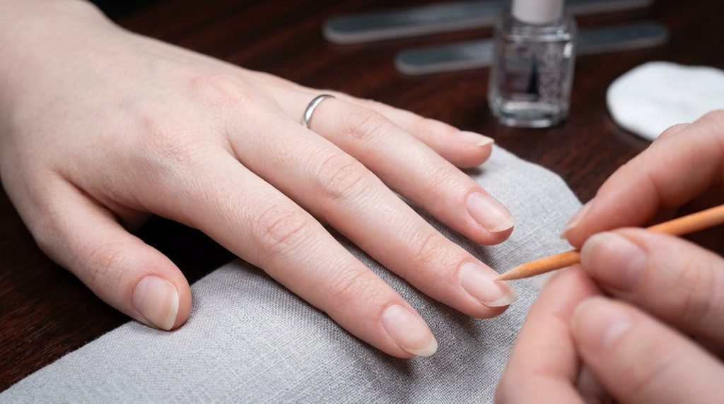 Manicured natural nails with neat cuticles ready for gel polish application on white skin.