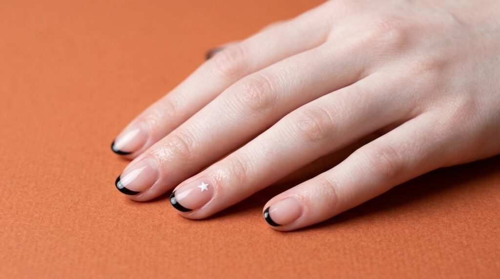 Short oval nails on an 18-year-old white hand featuring ultra-thin black French tips and tiny star details.