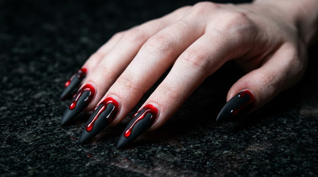 Stiletto nails with matte black finish and raised glowing red blood drips on dark granite.