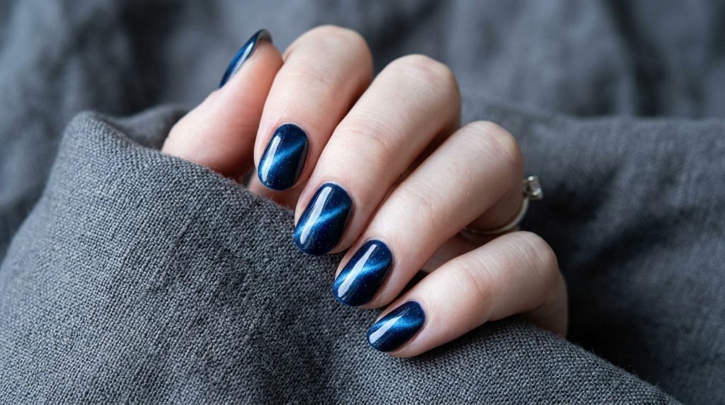 An intimate close-up of short oval nails painted with deep midnight blue magnetic cat eye polish showing a strong cosmic shimmer, against a cool gray linen background.