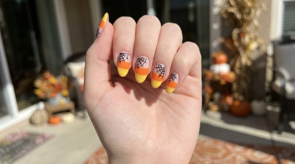 Candy corn colored French tip nails accented with black spiderwebs on a very white female hand.
