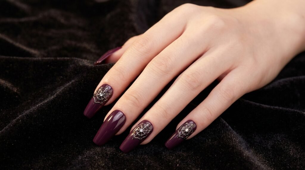 Deep plum coffin nails with dark metallic spiderweb art and rhinestones on very white female hand.