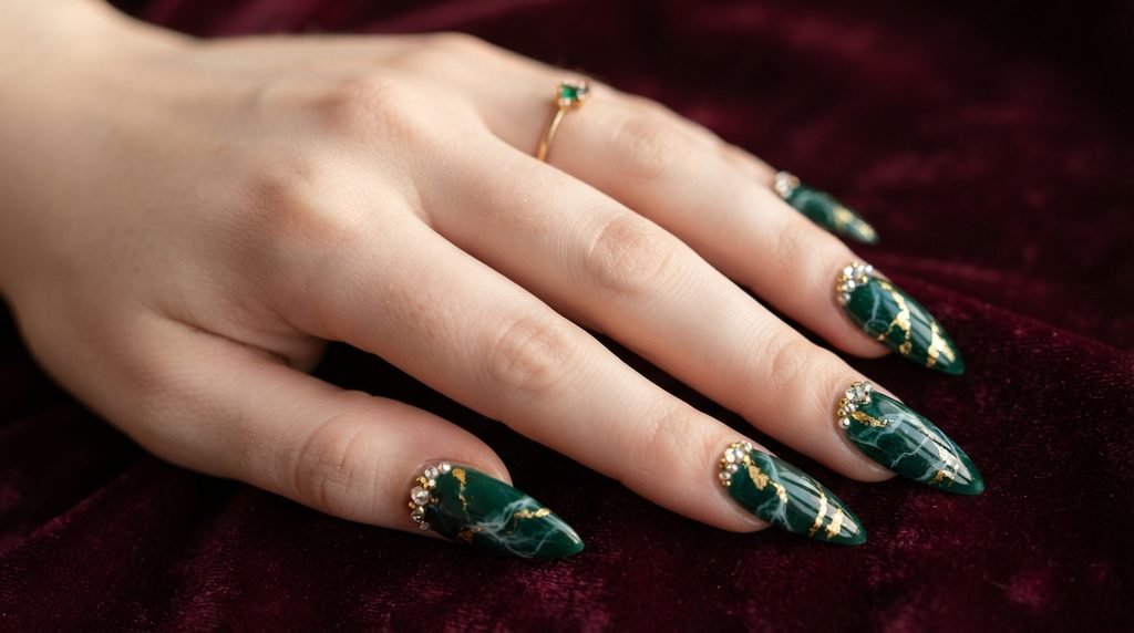 Close up of an eighteen year old female hand with fair skin displaying long emerald green marble stiletto nails with gold foil and crystals over burgundy velvet.