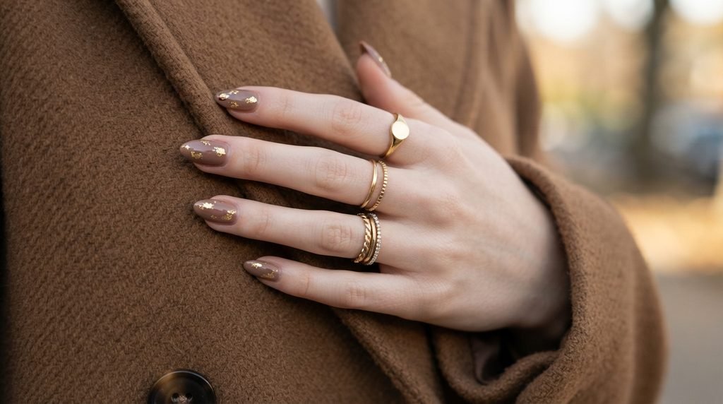 Mocha nails with gold leaf accents paired with gold rings and camel coat on white skin.