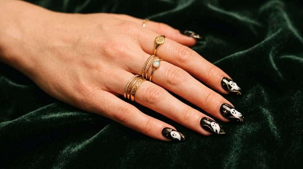 White skin hand adorned with gold rings showcasing black and white ghost nails on green velvet