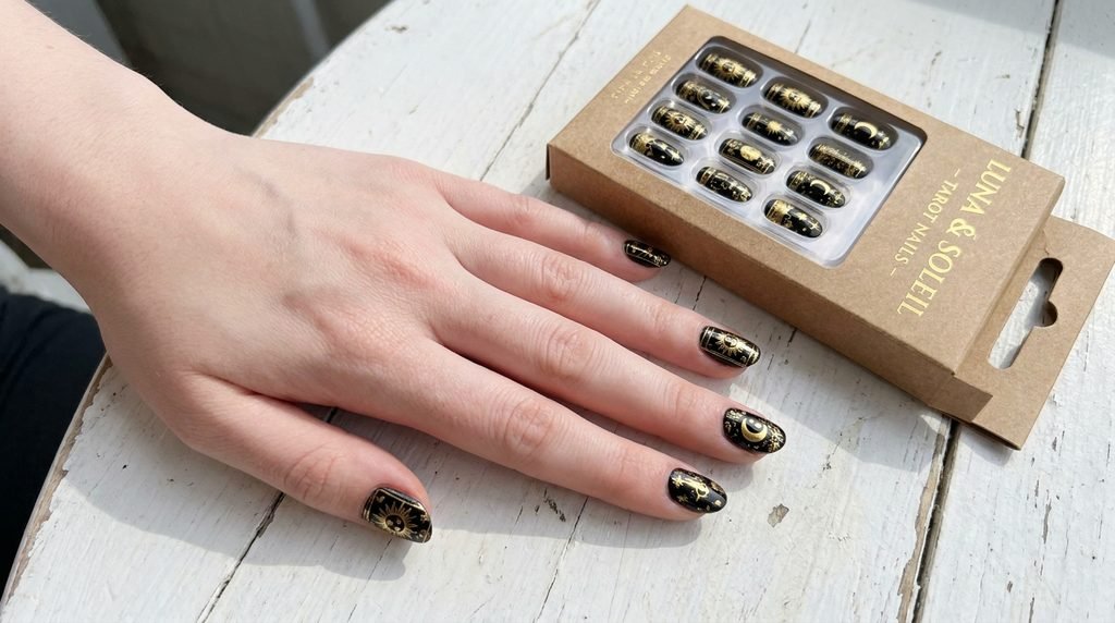 Short oval black and gold tarot card press-on nails visible on a hand, next to an open box of the matching press-on nail set.