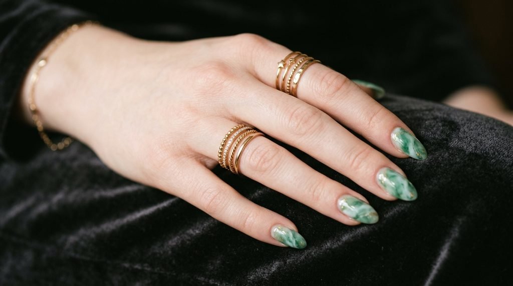 Hand wearing gold rings showcasing jade marble nails.
