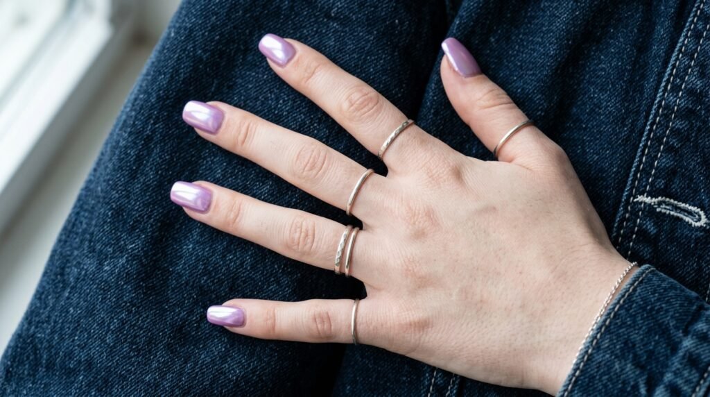 Lavender-pink chrome squoval nails worn on an 18-year-old white female hand with silver rings against denim.
