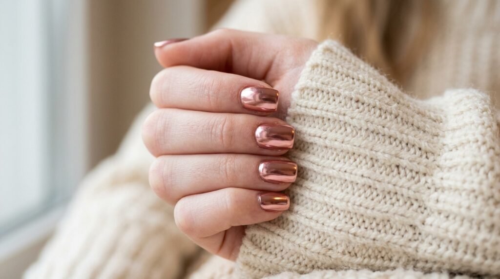 Close-up shot of an 18-year-old woman's white hand with short square rose gold chrome nails against a cream sweater background.