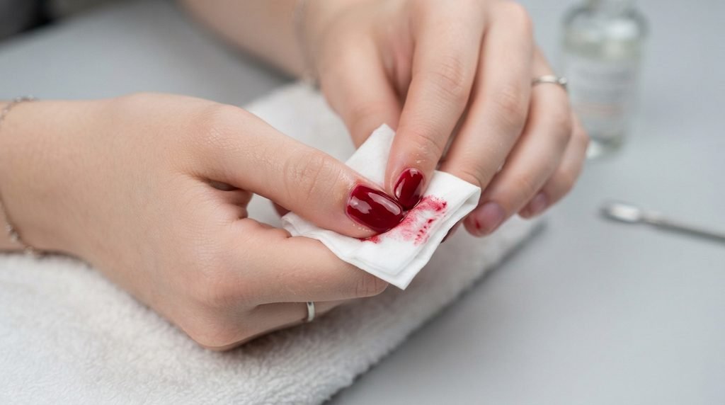 Cleaning uncured gel polish off a nail with a lint-free wipe.