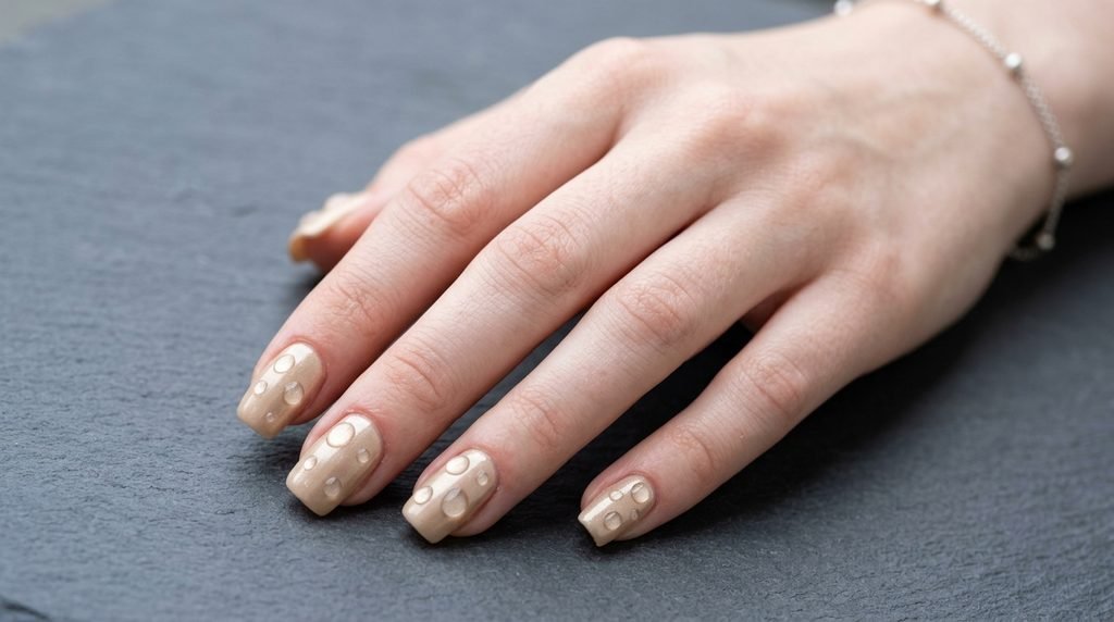 Champagne beige nails featuring clear 3D water droplet gel accents on slate stone.