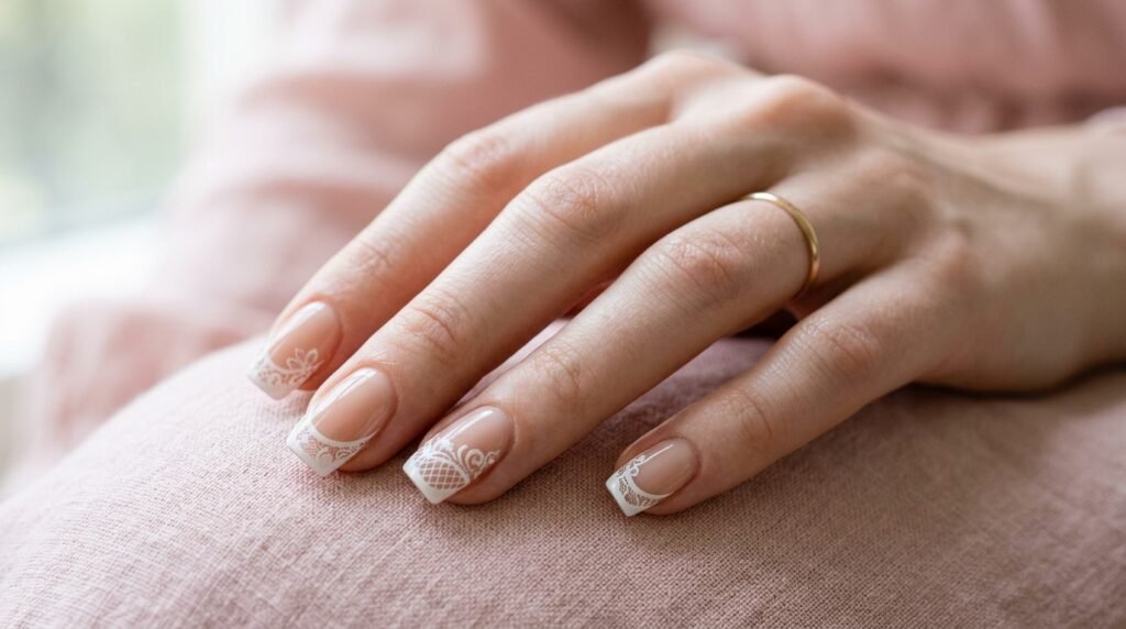 Modern French manicure with delicate white lace tips on an 18 year old female hand with very white skin.