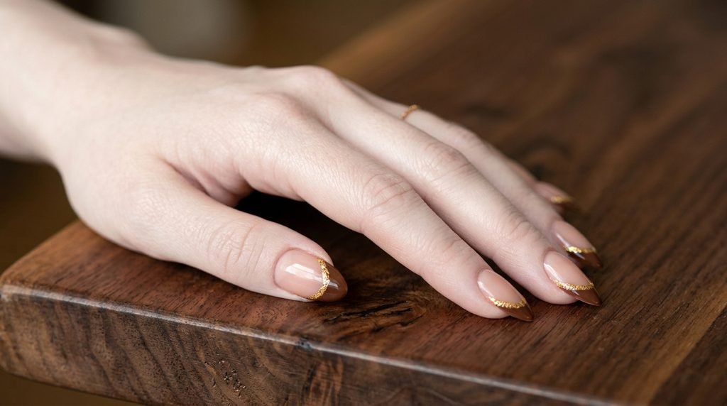 Mocha French tip nails with gold leaf foil trim on very white skin.