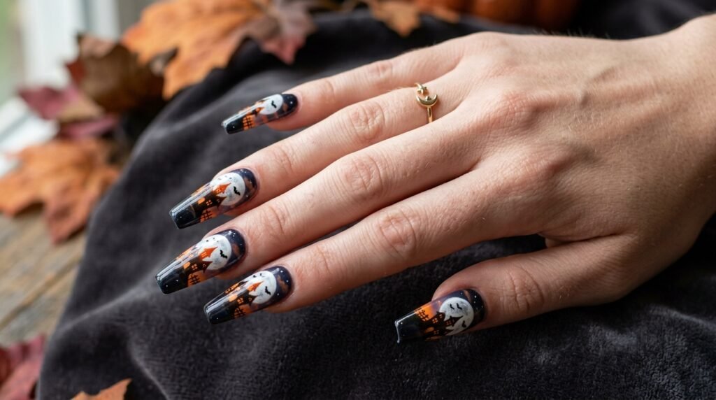 Fan spread female hand with white skin showing mismatched cohesive Halloween nails.