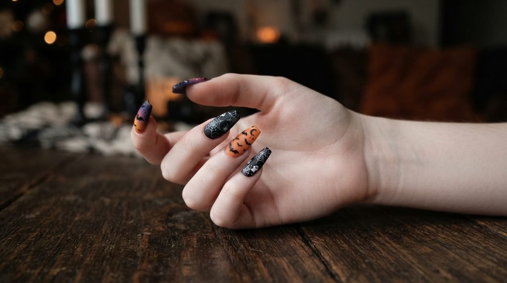 An 18-year-old female hand with white skin showing long coffin nails with a mismatched matte Halloween design.