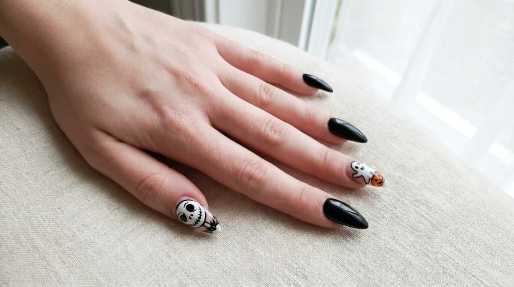 Mix of solid black nails and detailed Halloween art nails on an 18-year-old female hand with white skin.