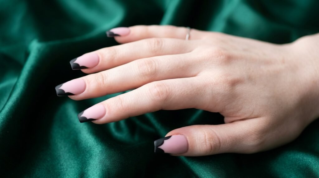 Matte pink tapered square nails with black bat-wing French tips on a pale female hand.