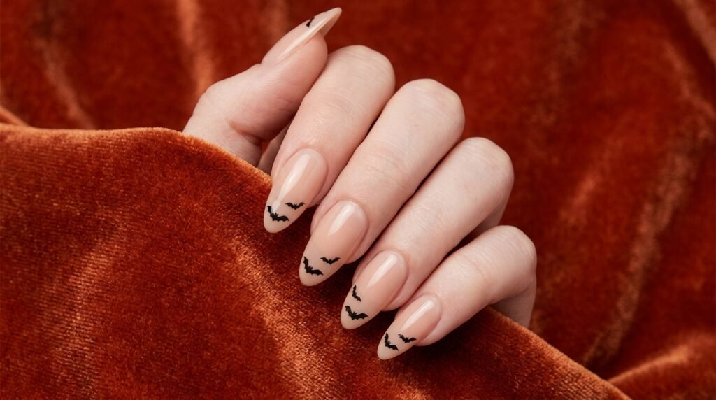 Black bat silhouettes painted on long sheer nude almond nails on an 18-year-old female hand with white skin.