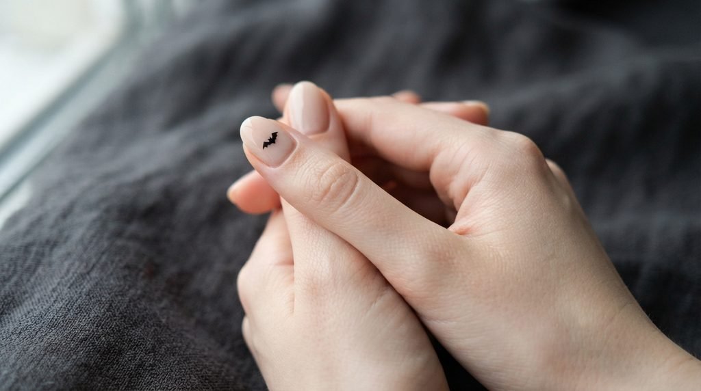 A focused close-up photograph of short oval nails with glossy milky nude base and one tiny black bat silhouette on the index finger nail, against a blurred charcoal gray linen background.