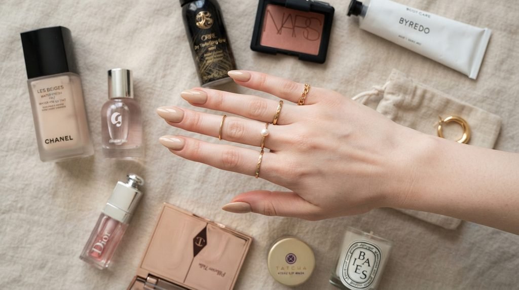 Flat lay of champagne beige almond nails on white female hand with gold rings on sand background.