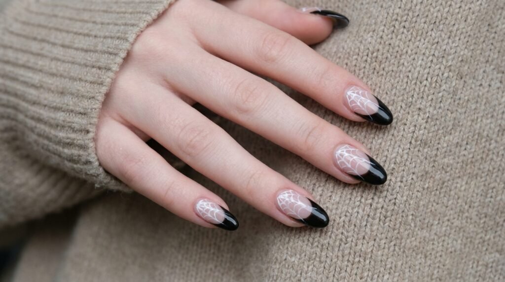 Oval nails with black French tips containing subtle white spiderweb details on a white skinned hand.