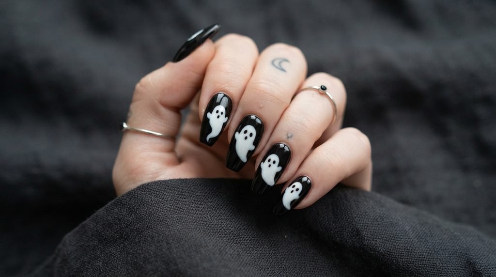 Black and white ghost nails featuring shimmery gold foil along edges on white skin hand over burgundy velvet