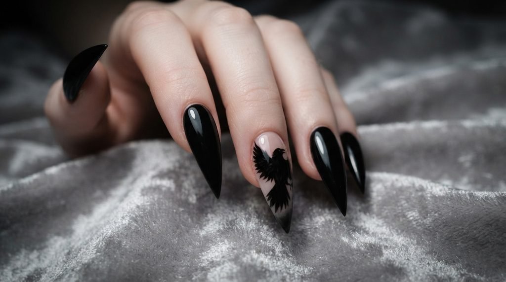 Long sharp stiletto nails in glossy black with a large raven silhouette on the accent nail.