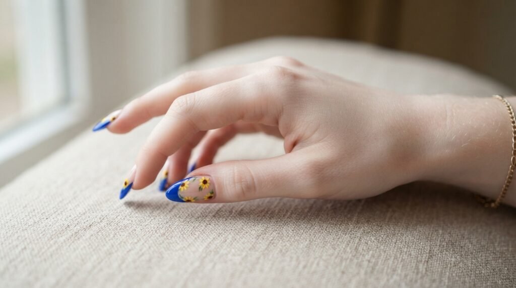 Long almond nails featuring cobalt blue French tips with tiny yellow sunflower details on smooth white skin.