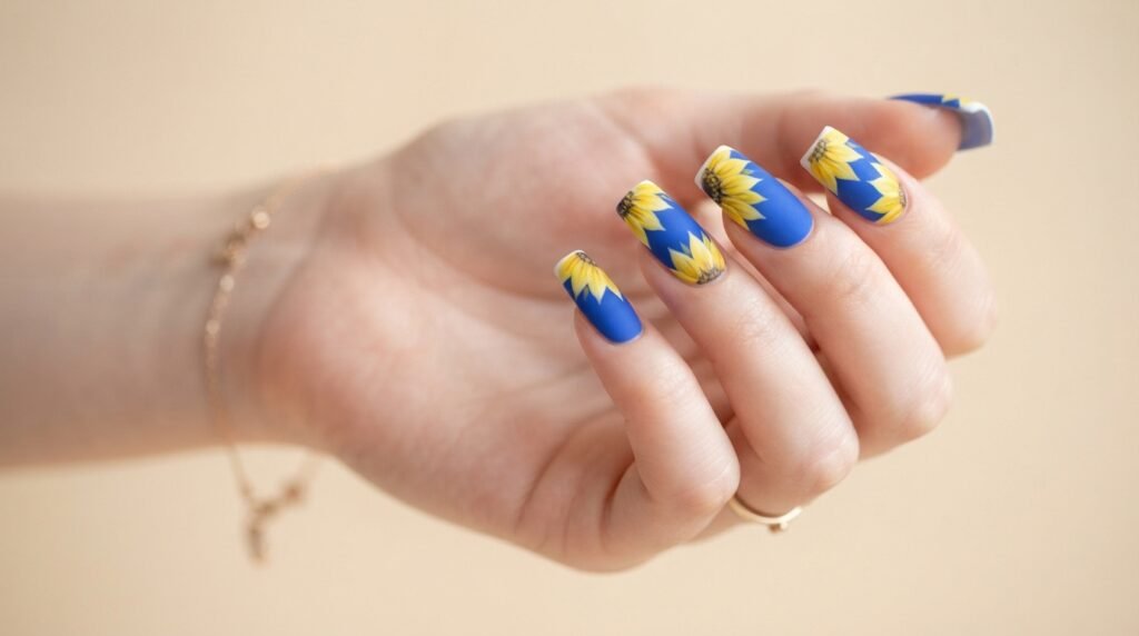 Medium almond nails featuring yellow sunflower petals painted on the tips over a matte cobalt base.