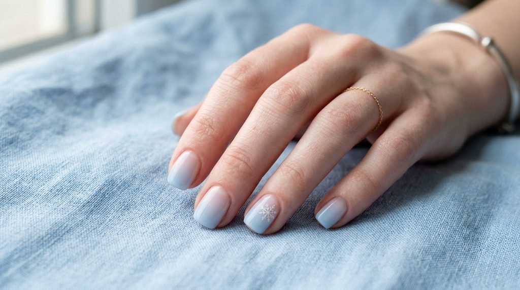 Close-up of short, squared-oval natural nails with subtle blue tip ombré and tiny snowflake against linen.