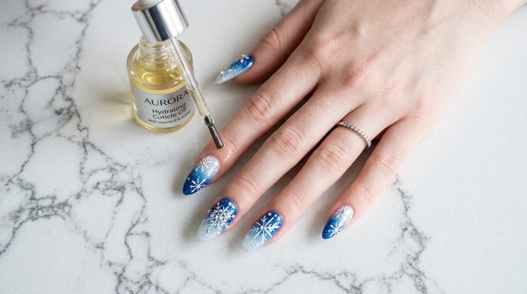 Overhead shot of hand with detailed blue ombré nails near a bottle of cuticle oil on a marble surface