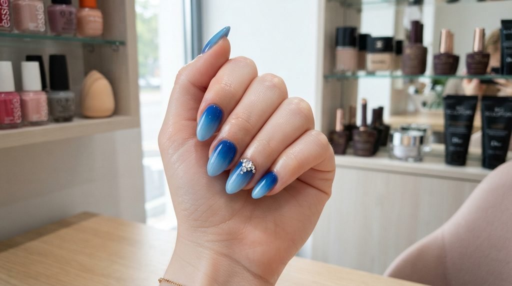 Close-up of female hand with blue ombré nails posed against blurry budget and splurge product displays.