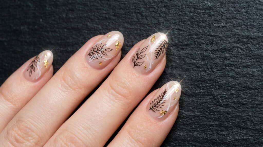 Oval nude nails with black floral line art, white specters, and gold foil flakes on white skin.