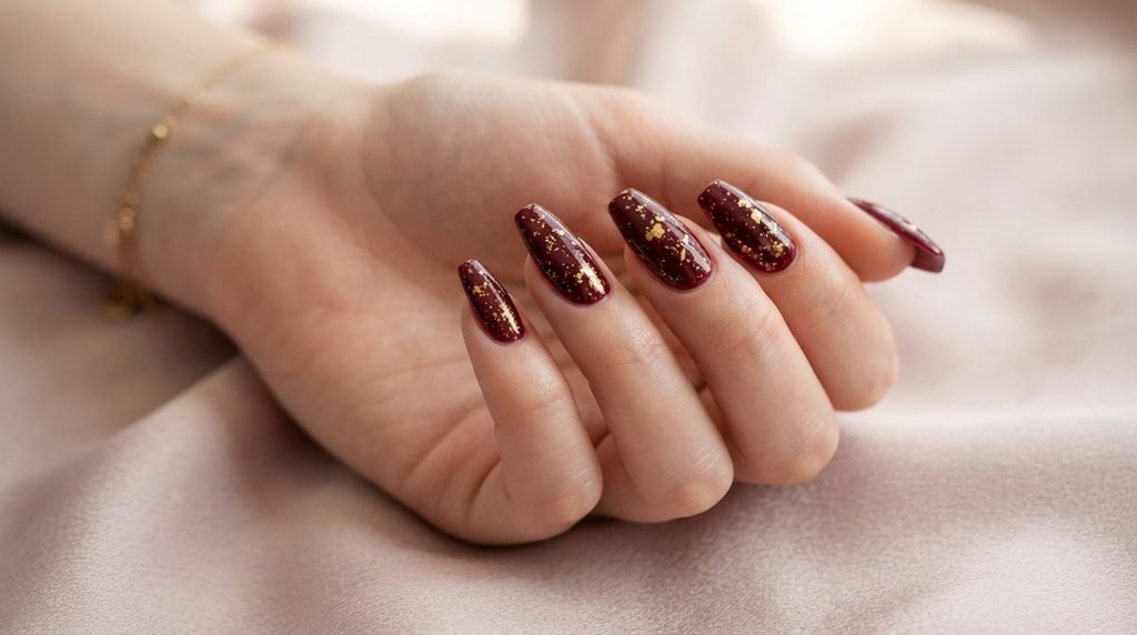 Macro photo of an 18-year-old female hand with white skin showing oxblood burgundy coffin nails with gold foil flecks against dusty rose silk.