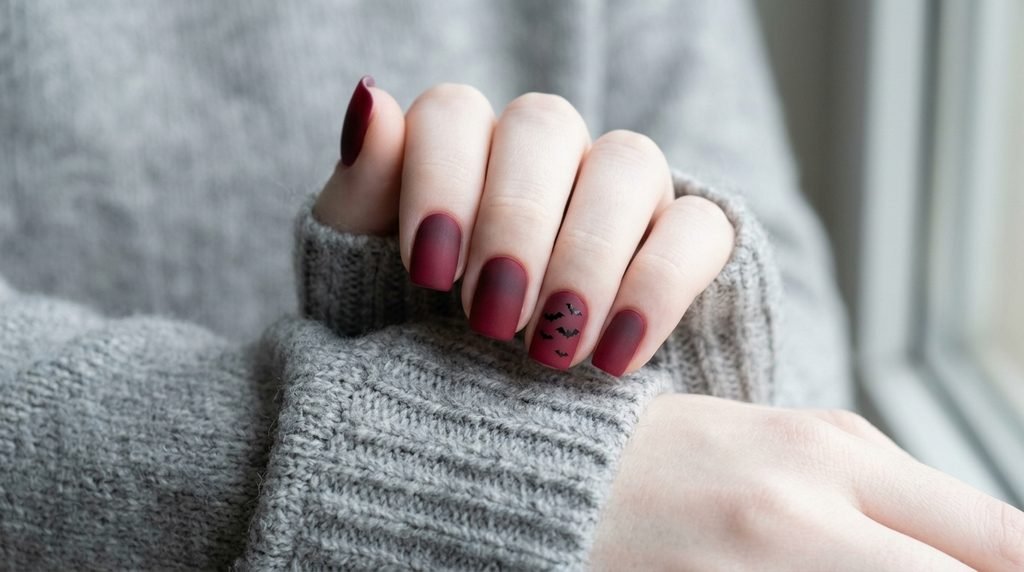 Short square nails with a matte burgundy gradient and tiny bat details on an 18-year-old female hand with white skin.