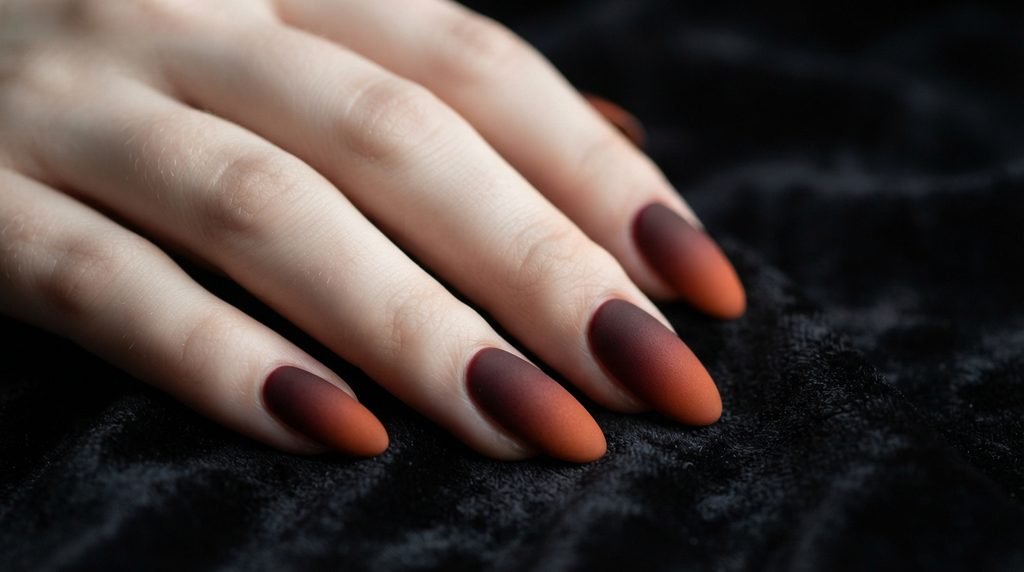 An 18-year-old female hand with very white skin displaying long almond nails with a matte burgundy and orange ombré gradient.